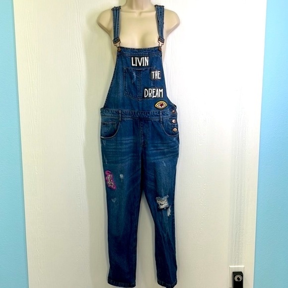 Forever 21 - Livin The Dream Patchwork Distressed Overalls Size 28 - Picture 2 of 15